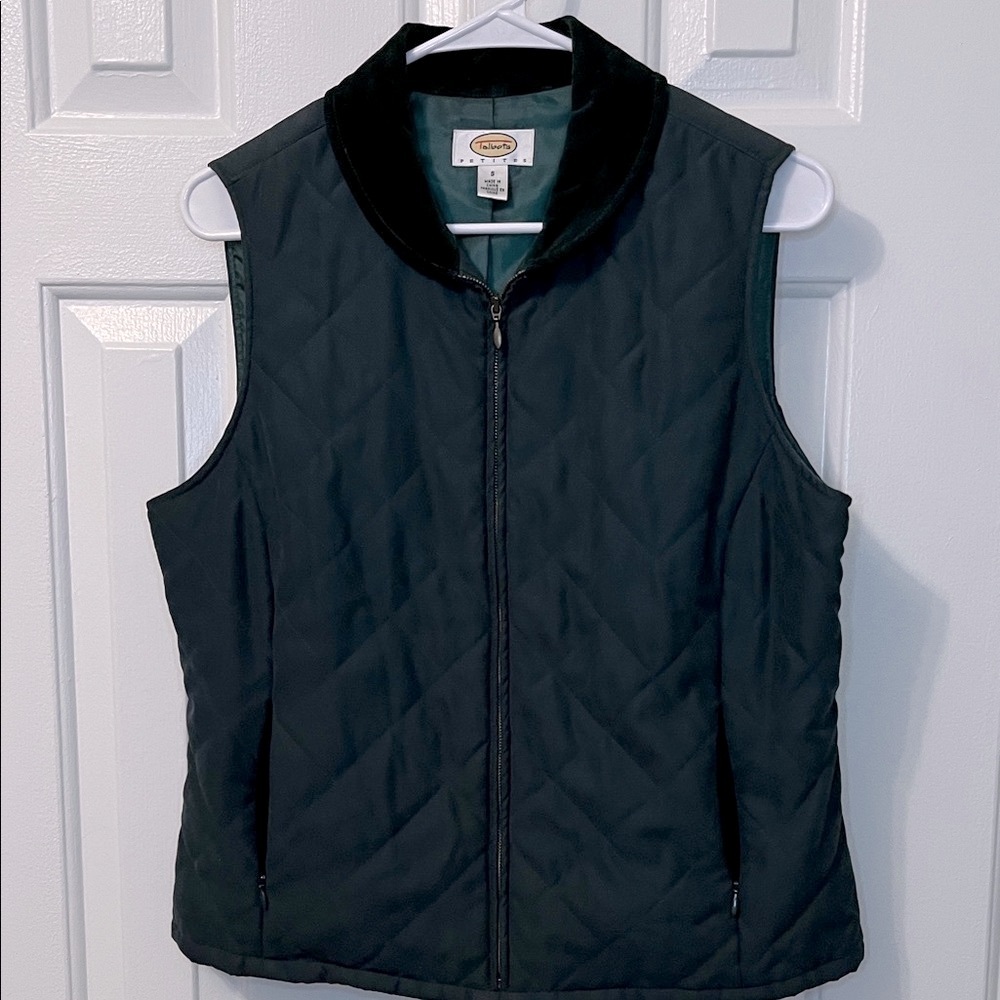 Vintage Talbots Hunter‎ Green Quilted Vest Corduroy Collar Petite Size S Pockets